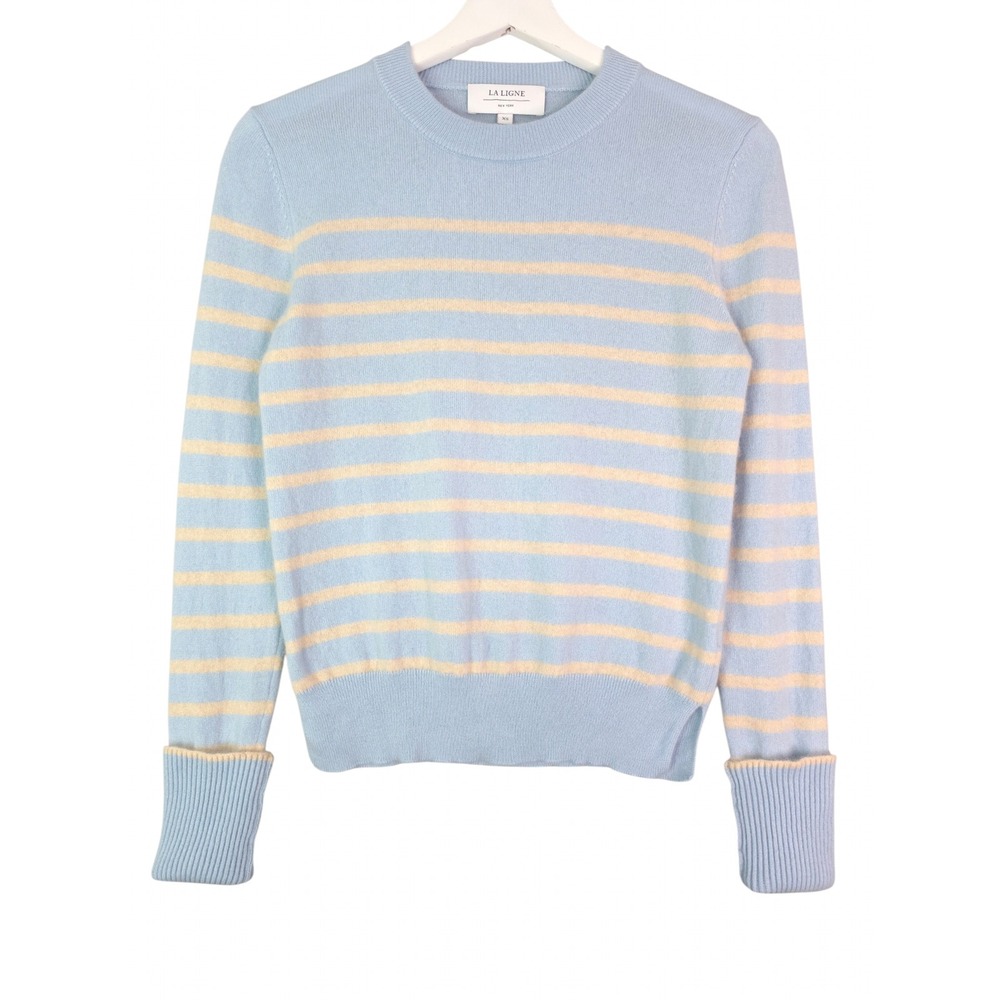 La Ligne Cashmere Striped Crewneck Sweater Women XS Light Blue Cream Ribbed Trim